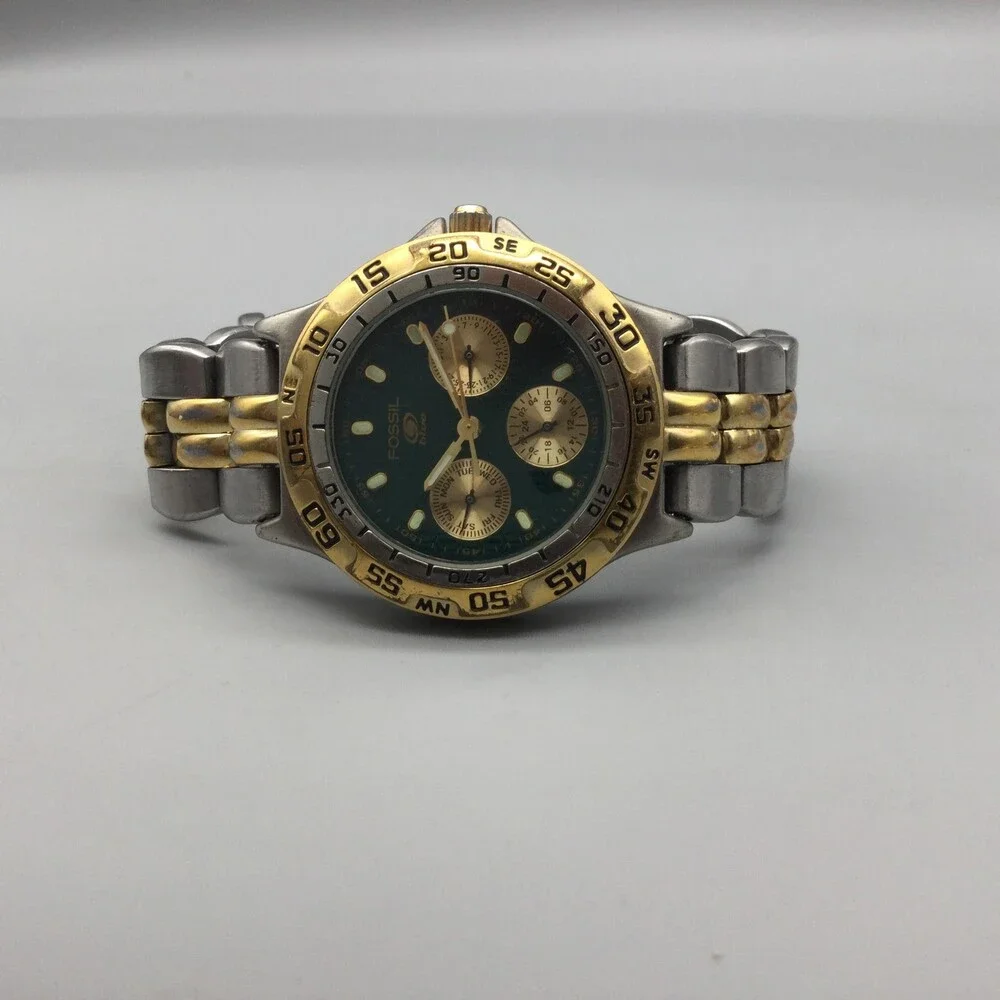 Fossil Blue Mens Watch 35mm Green Dial Two Tone Stainless Quartz 100M Sport WR